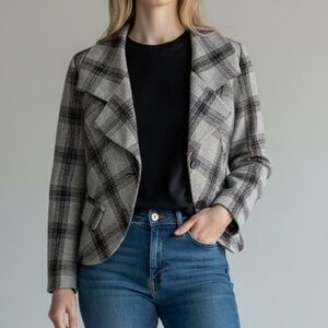 Dalia Womens Gray Plaid Cropped Blazer Wool Blend Sz 10 Corpcore Preppy Clueless